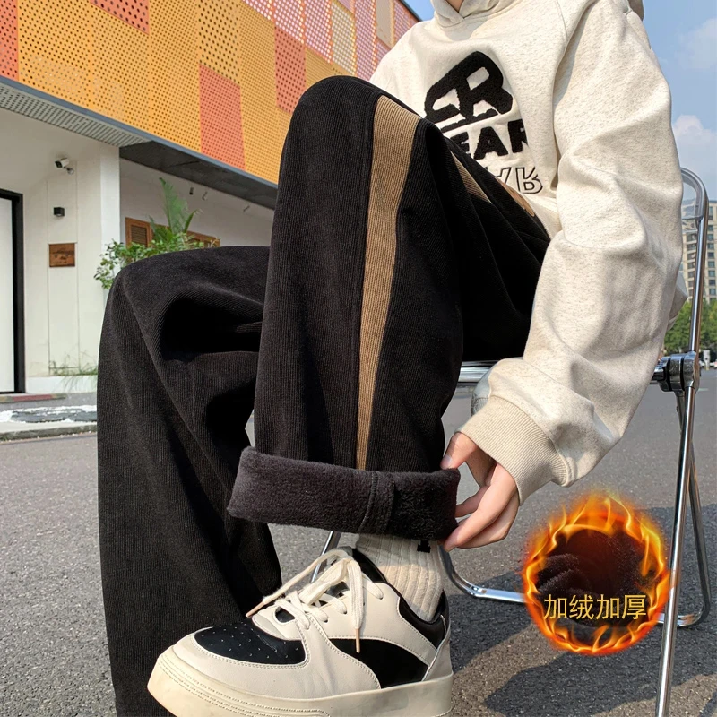 撞色超细条重磅卫裤男款冬季加绒加厚阔腿美式复古运动休闲长裤子