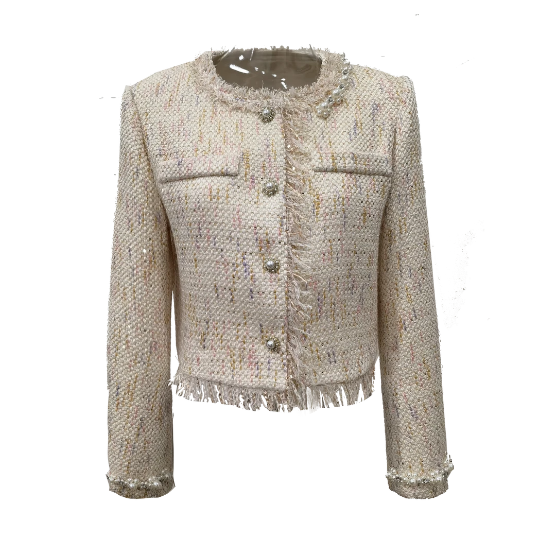 【彭彭echo专属】YAKI PAN轻奢时尚小香风浅粉色珍珠短款外套气质