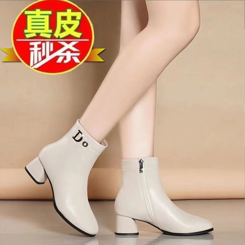 断码意尓康真皮短靴女2022新款韩版侧拉链秋冬季中跟单靴时装靴女