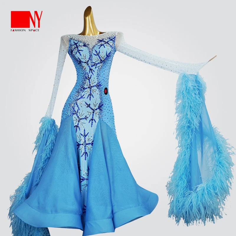 NY纳艺浅蓝赛裙女士高档摩登舞裙交谊舞演出服国标舞裙羽毛表演服