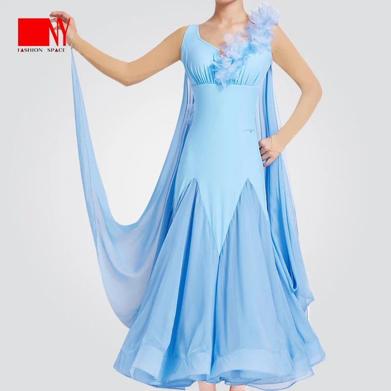 NY24209M纳艺天蓝花朵摩登练习裙冰丝修身摩登舞裙交谊舞服练功服