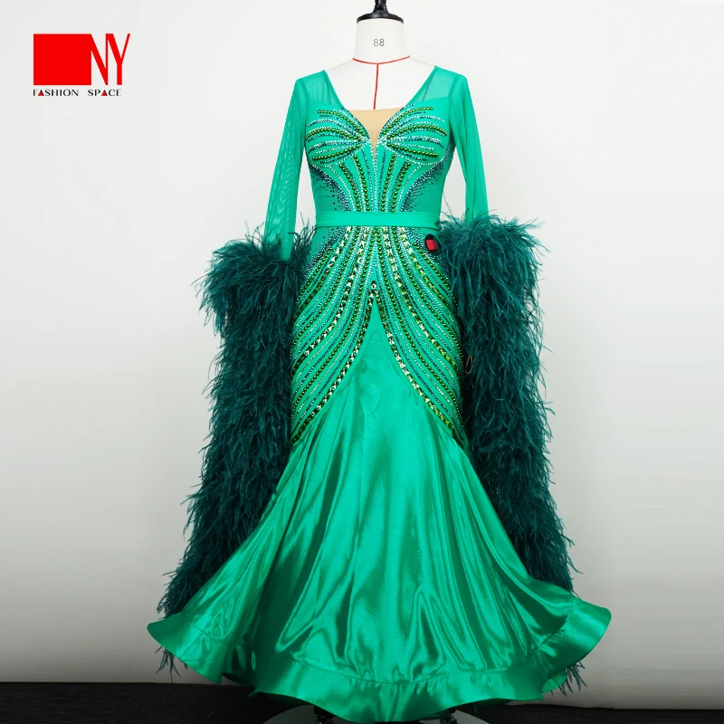 NY纳艺三片式包臀插摆赛裙高档绿色摩登舞裙大气长款国标舞表演服