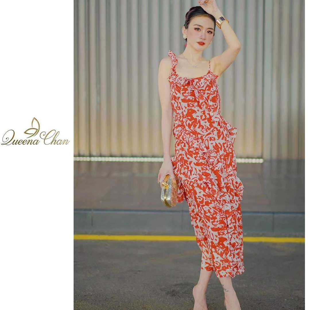 QueenaChan/可琳娜·查尔美人鱼碎花法式复古红色修身吊带连衣裙