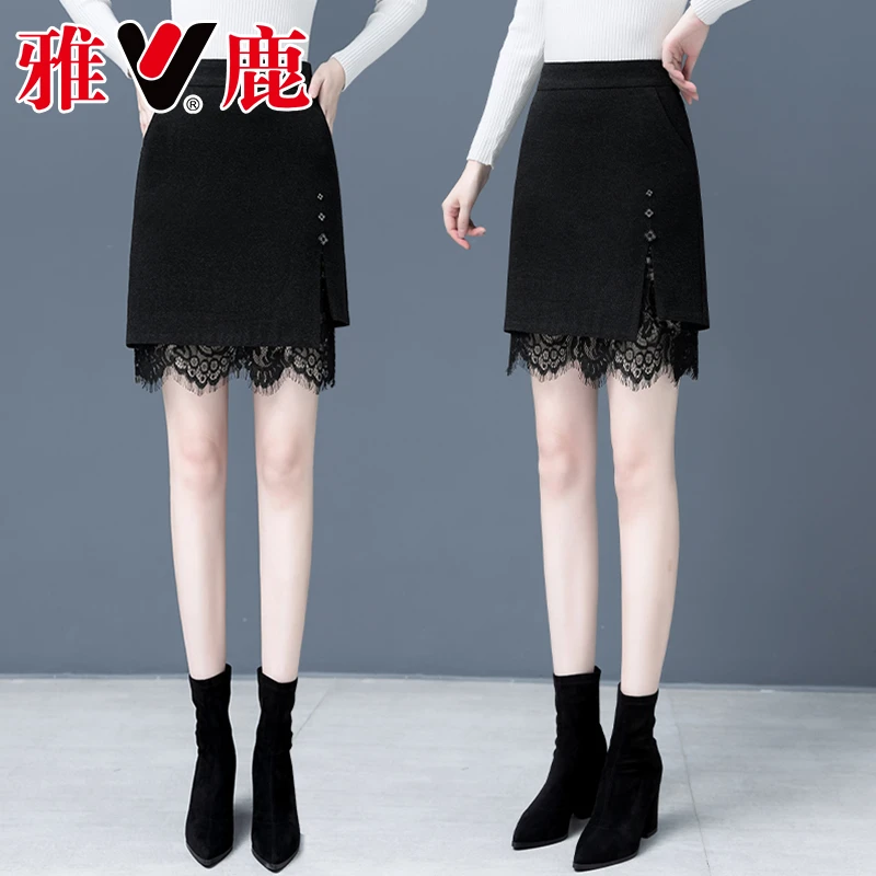 V/雅鹿正品秋冬款毛呢裙2023新款高腰时尚百搭A字蕾丝边半身裙女