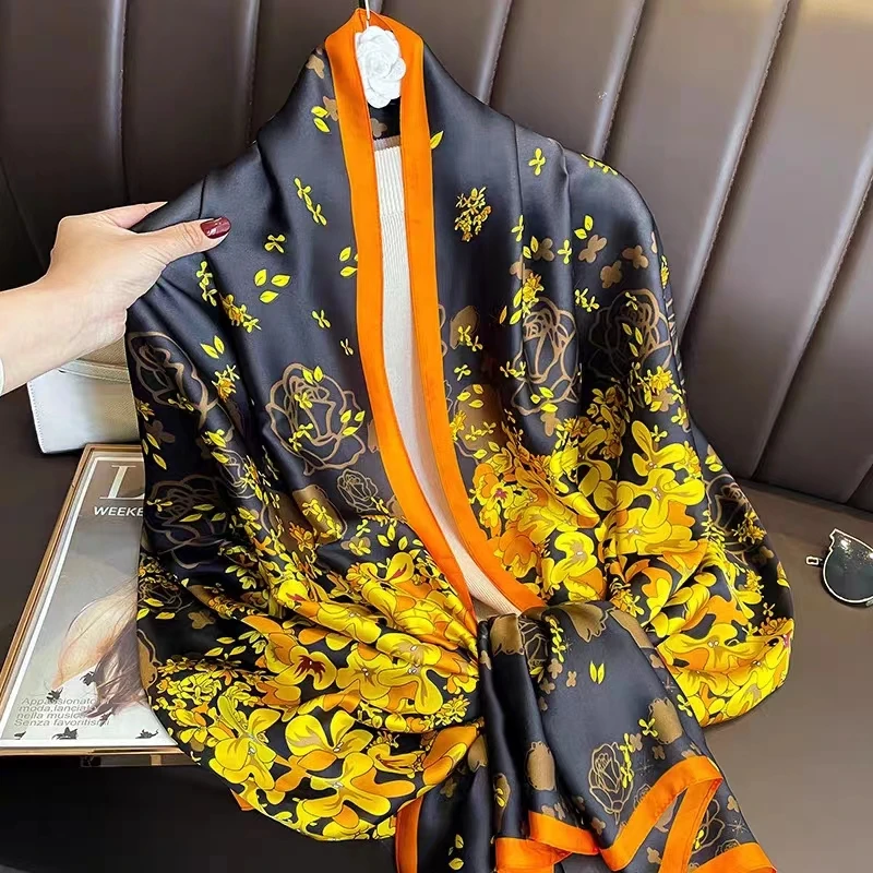 【宠粉丝巾】丽景缎80*180气质丝巾夏季时尚沙滩披肩 - 黑金花枝