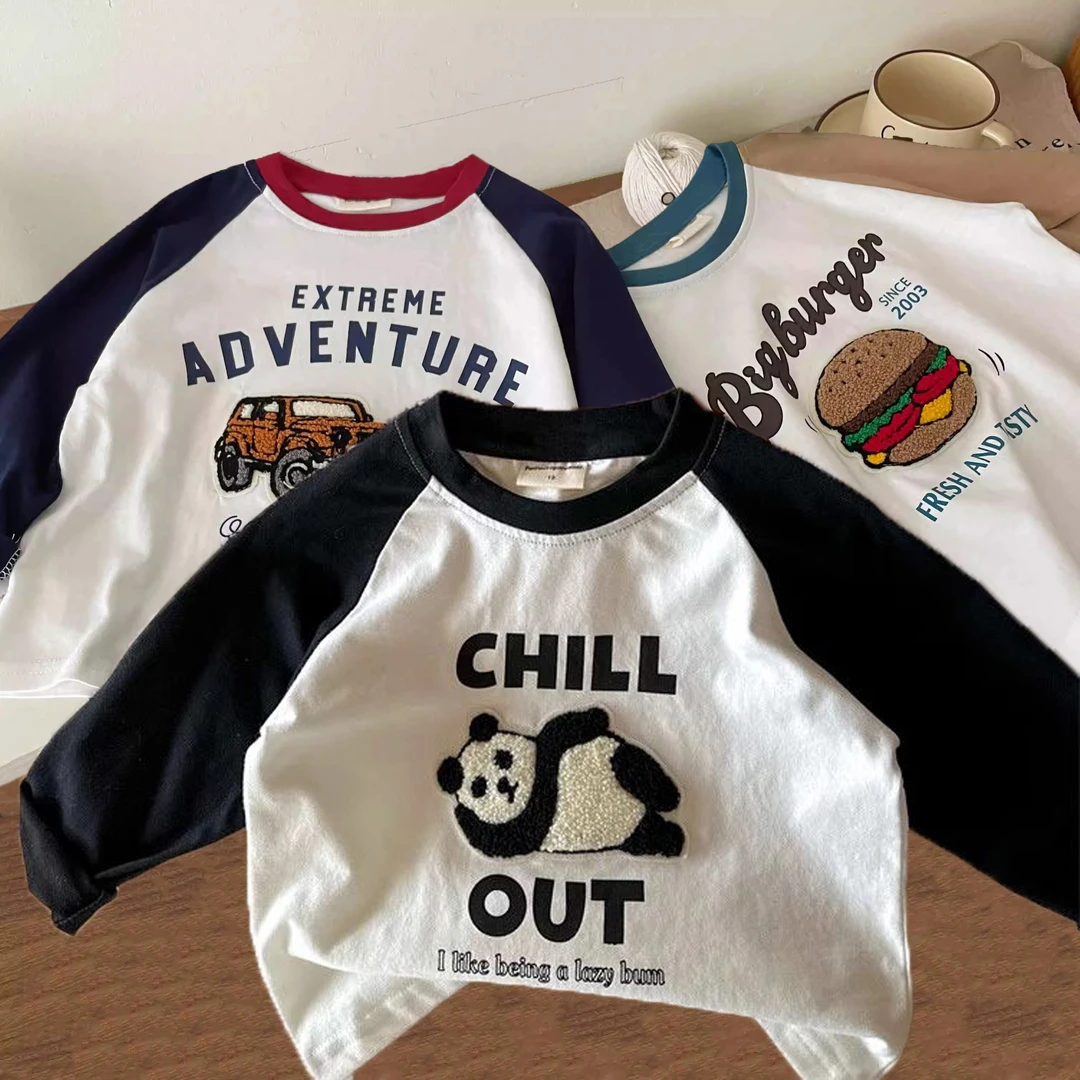 2024秋季新款插肩纯棉儿童长袖T恤宽松圆领卡通贴布中小童打底衫