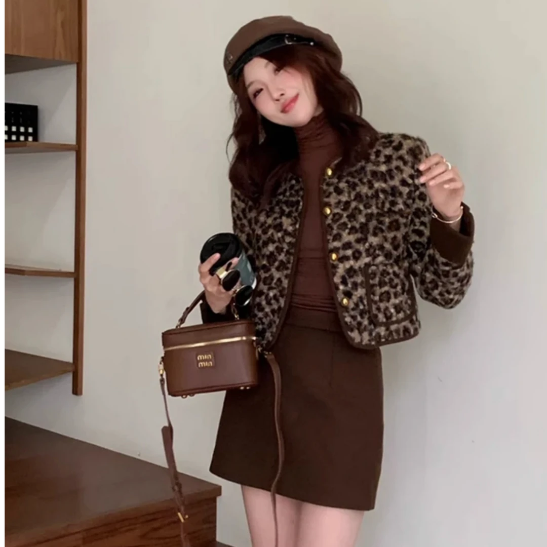 韩版复古气质时尚2024年秋冬新款加厚夹棉小香风豹纹短款外套