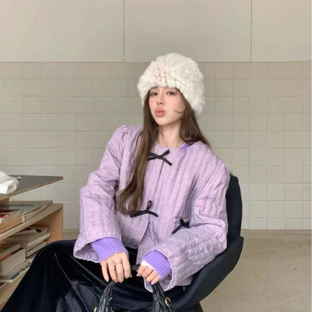 韩国2024新款蝴蝶结棉服气质圆领短外套女冬甜美减龄秋冬韩版