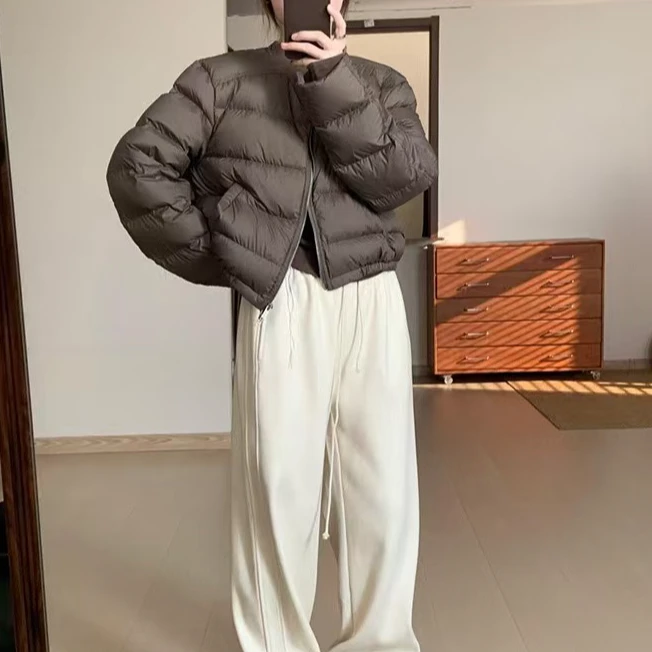 韩系小个子2024冬季新款无领短款棒球服设计感羽绒服外套9885