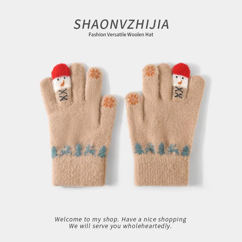 雪人针织毛线手套女冬季加厚韩版学生写字五指保暖骑车可触控屏幕