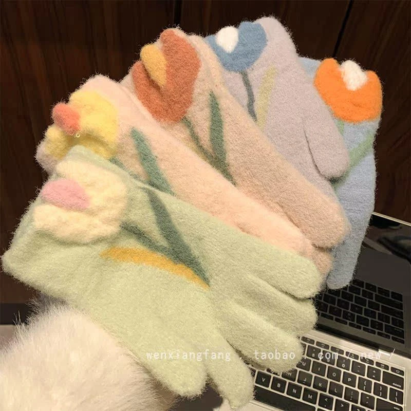 ins郁金香毛绒手套女秋冬季日系保暖防寒防风学生骑车五指手套潮