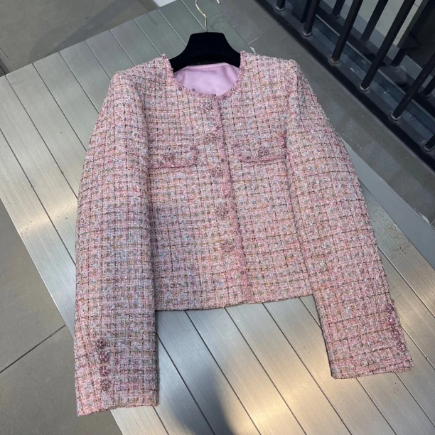 粗花呢粉色小香风外套女装新款法式名媛气质长袖上衣套装裙两件套