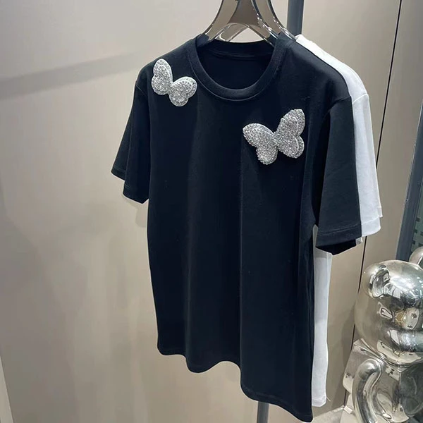 W3006VET同款女短袖圆领T恤重工手工蝴蝶结装饰设计女装