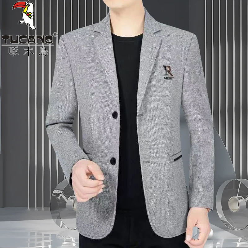 TUCANO/啄木鳥2023春秋新款男士西装外套商务雪尼尔休闲西服字母-