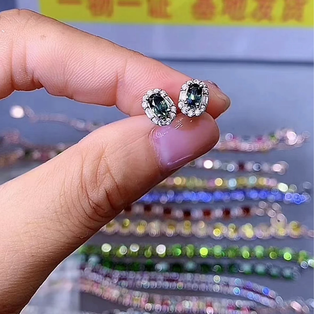 蓝宝石耳钉s925银镶嵌