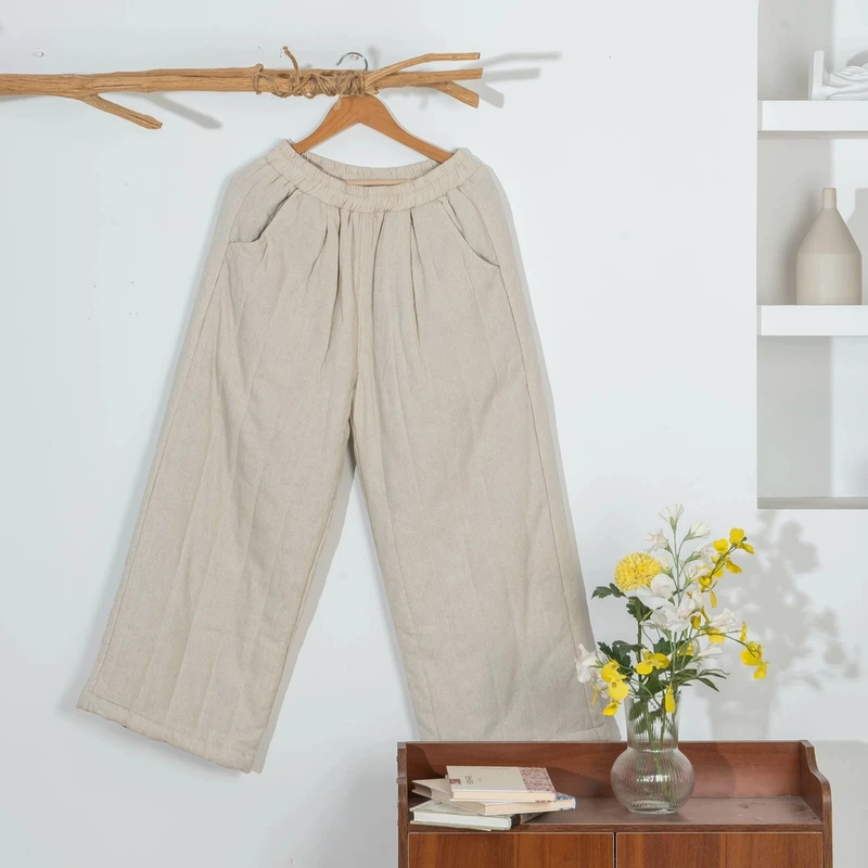 冬季复古文艺亚麻长裤子绗缝夹棉保暖显瘦哈伦棉裤灯笼裤休闲裤