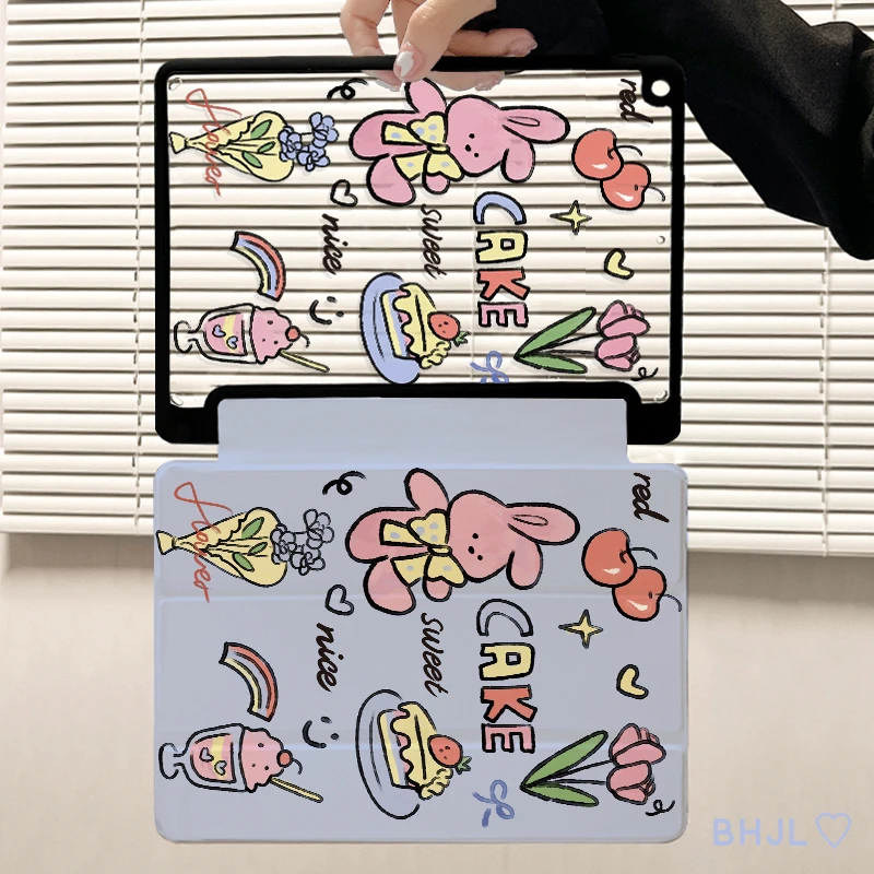 【亚克力三折蛋糕小兔】适用苹果平板保护壳带笔槽ipad9气囊