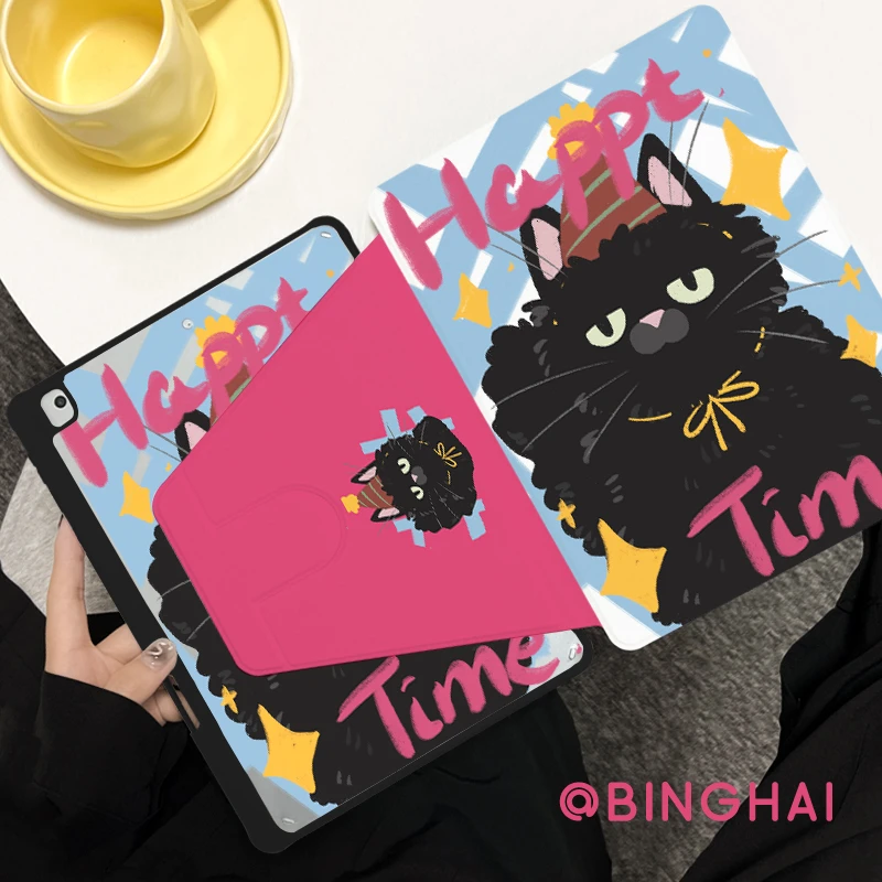 【亚克力旋转小猫时间】保护壳新款平板套带笔槽ipad防摔黑猫酷酷