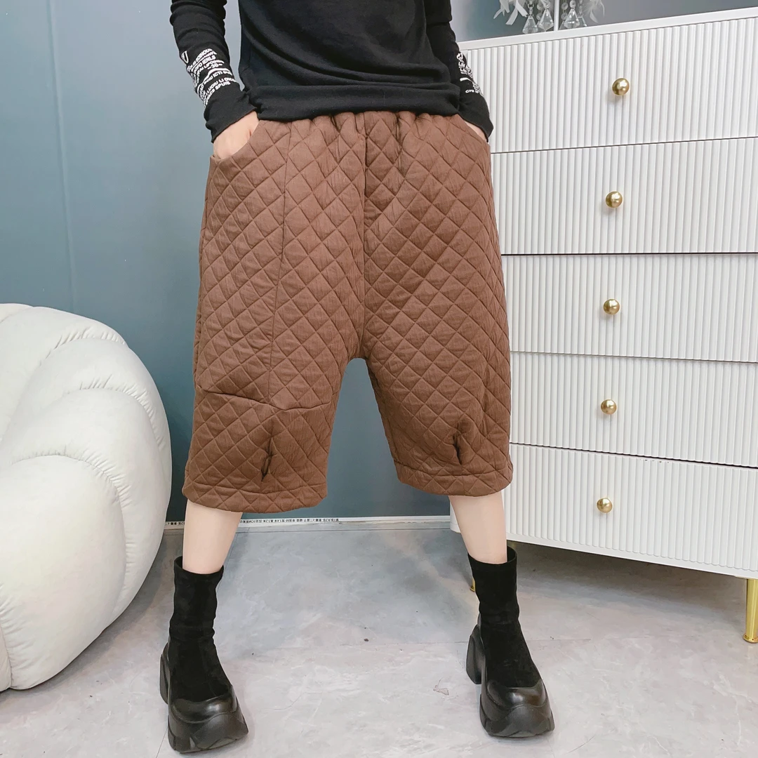 莉姐推荐气质百搭显瘦宽松菱形格棉裤复古时尚松紧腰大码靴裤大码