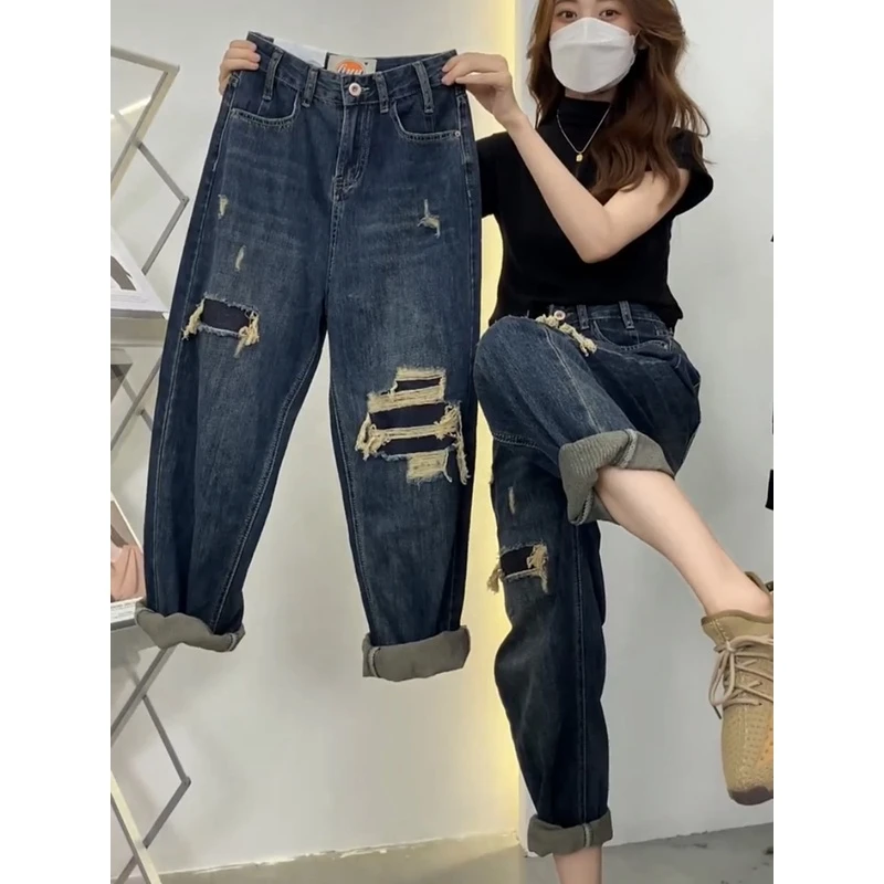 2025春秋季新款女宽松假破洞老爹裤梨型身材穿搭大码女装牛仔裤子