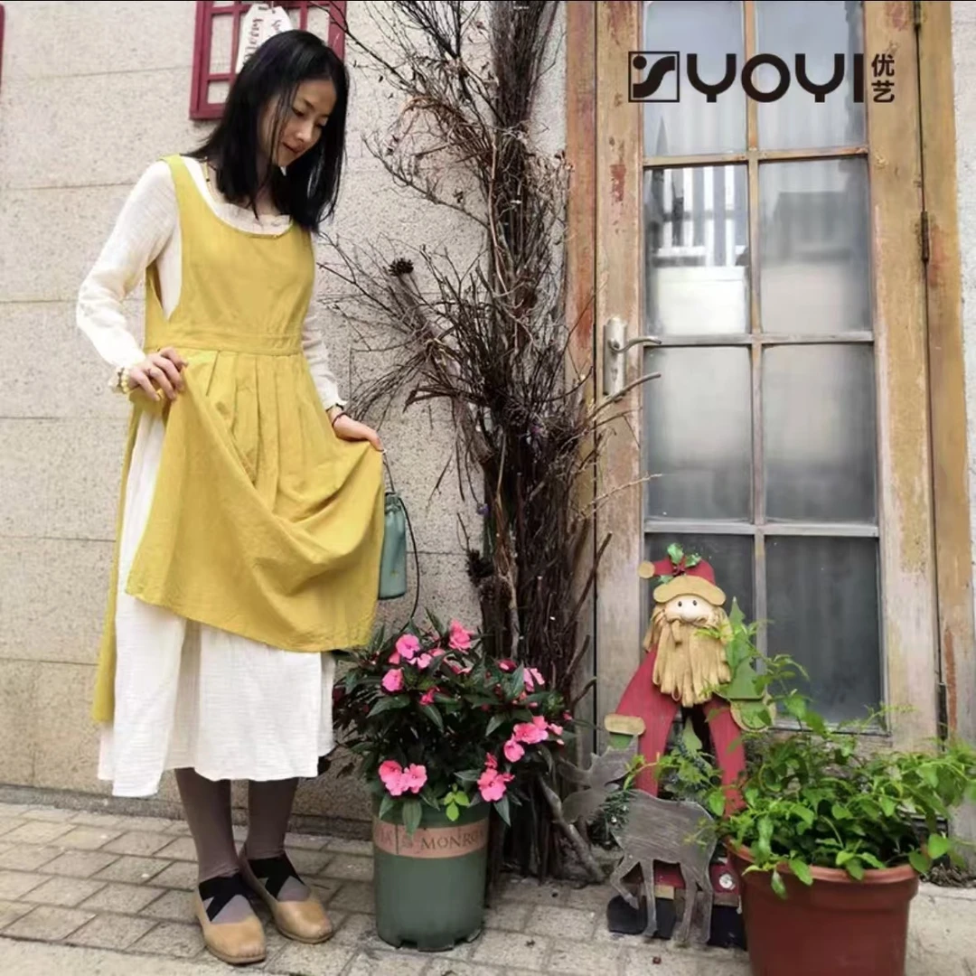 优艺 花艺围裙韩国花艺师拍照围裙 复古森系百褶围裙棉麻背带围裙