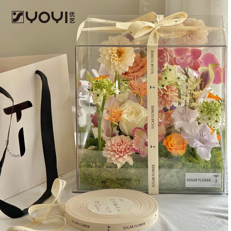 优艺   亚克力手提盒花束包装盒透明方形手提盒有钱花盒礼品