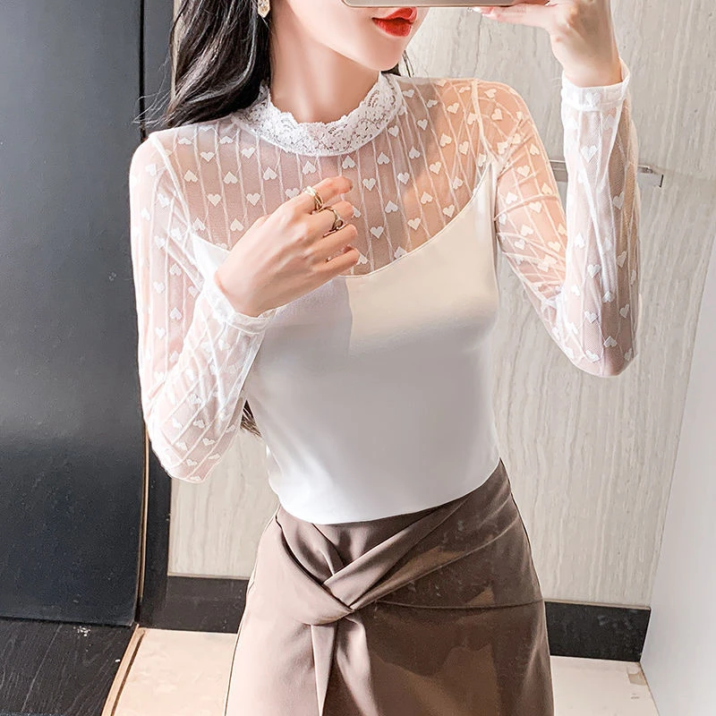 黑色蕾丝t恤女2023秋新款长袖蕾丝立领打底衫修身薄小衫百搭上衣
