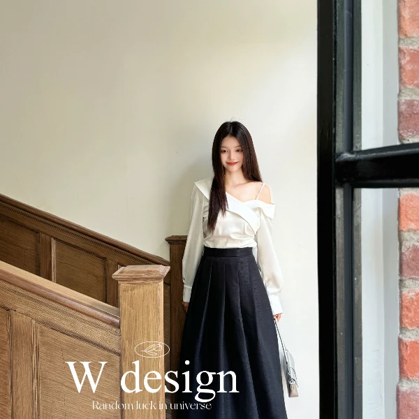 W design秋季新品束腰收褶长裙24519