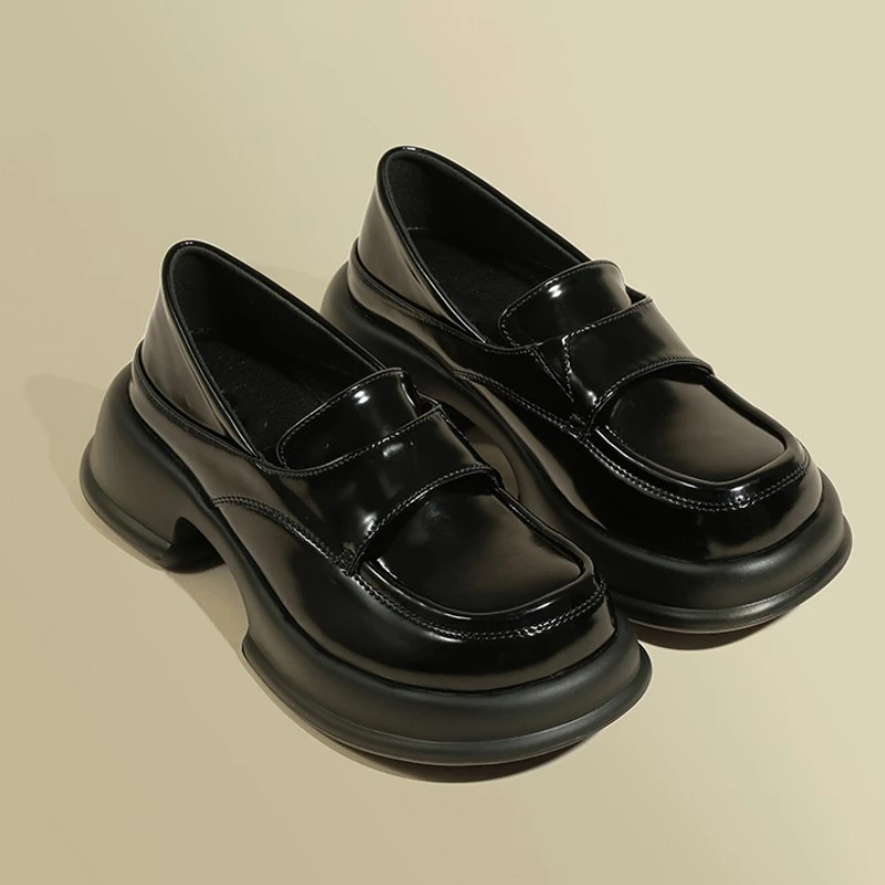 真皮厚底乐福鞋女新款小个子日系圆头黑色内增高小皮鞋单鞋女