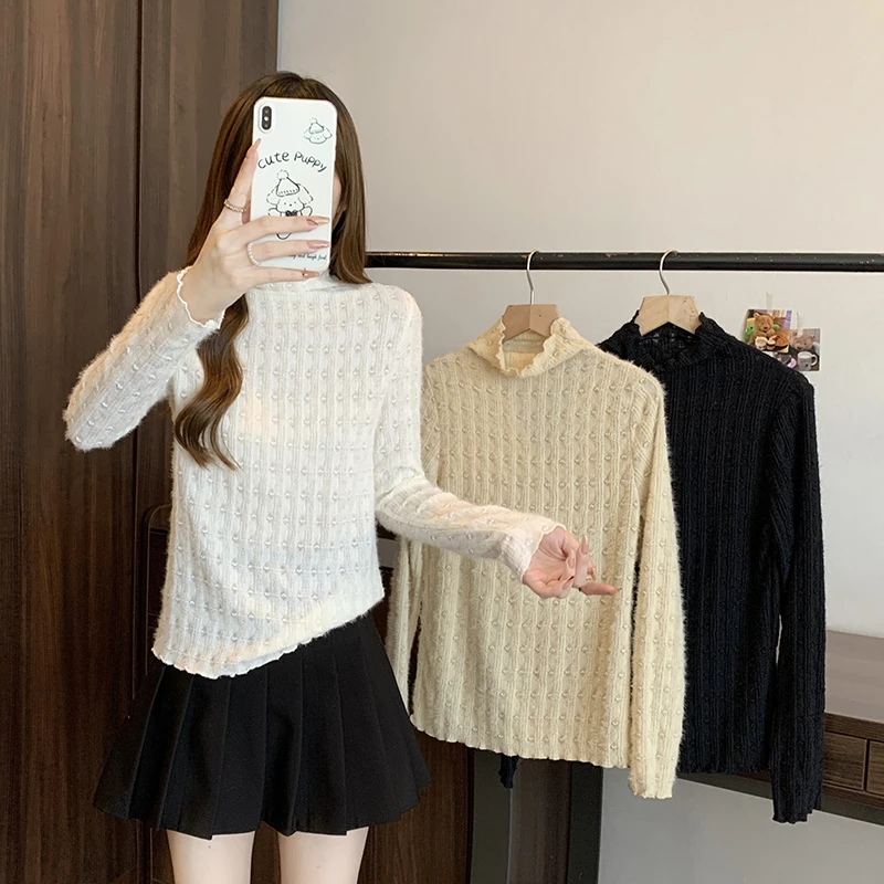 2024秋冬新款胖mm大码女百搭加厚提花半高领内搭打底衫