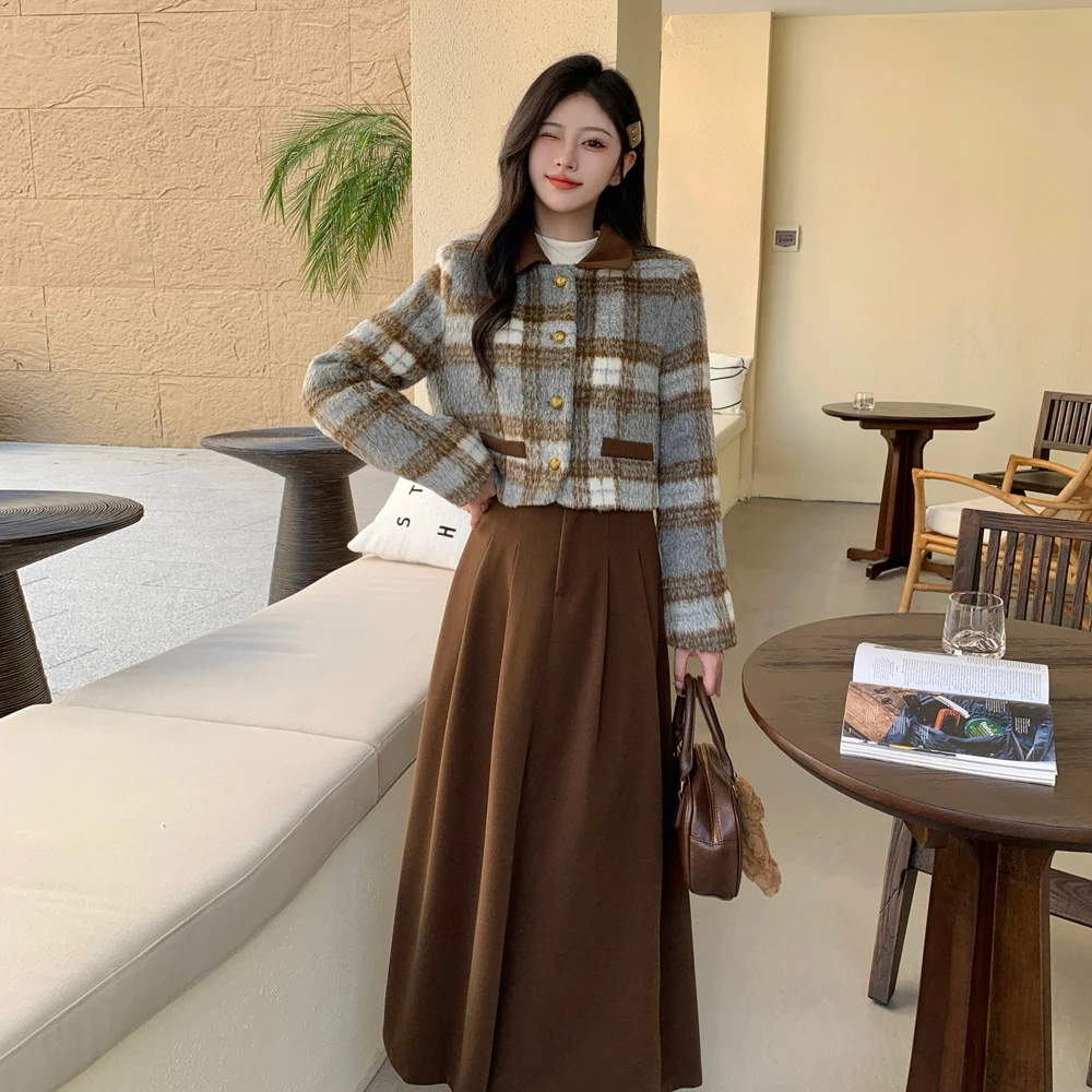 2024大码女装美拉德加厚毛呢短外套百褶时尚长裙两件套胖妹妹