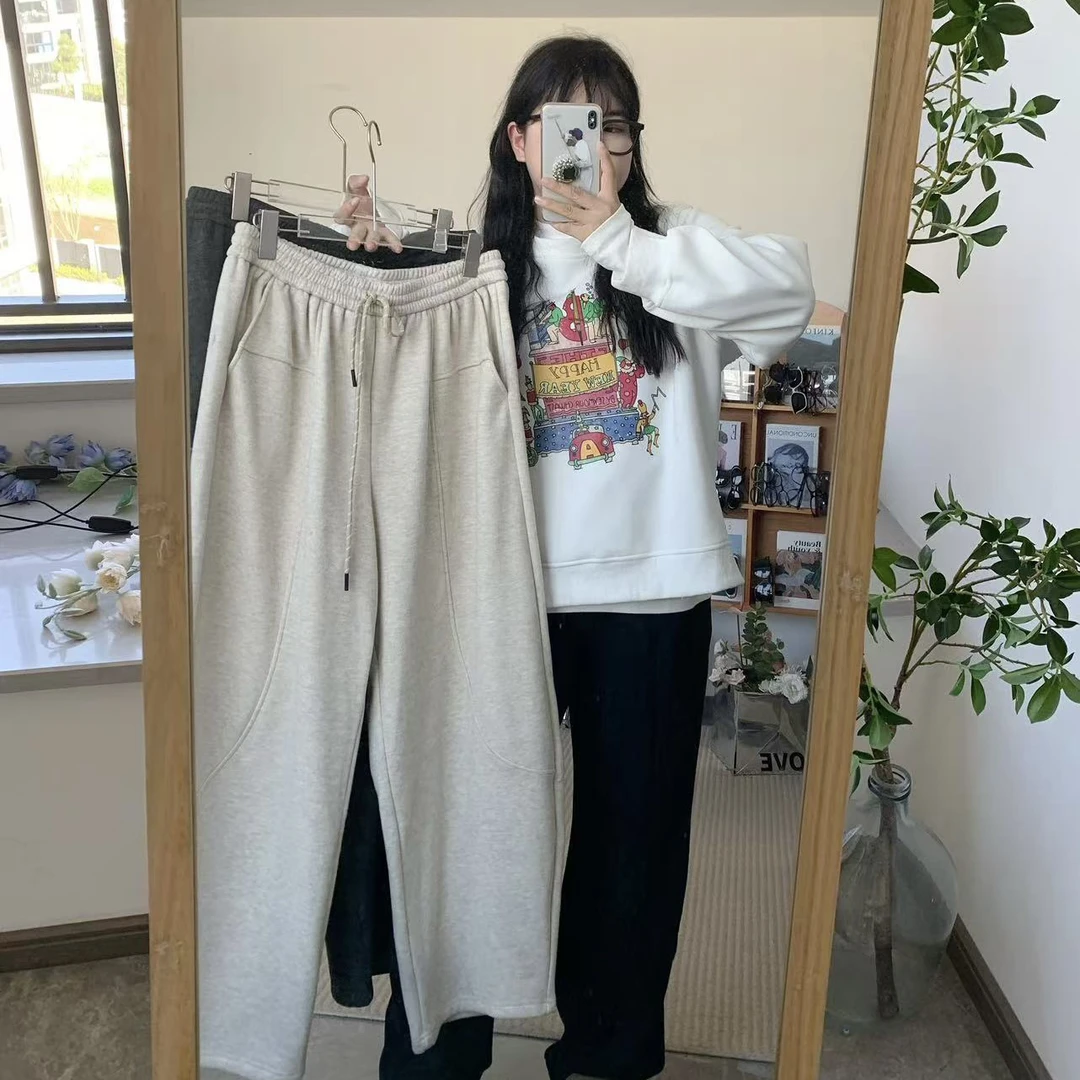 【鱼白专属】【加绒】2024秋冬款加绒松紧腰抽绳宽松设计感弯刀长裤女