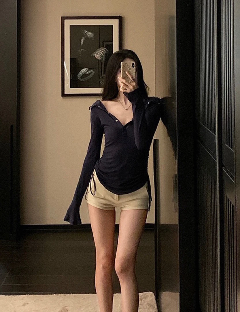 连帽V领上衣女辣妹纯欲风修身显瘦防晒外套长袖T恤女