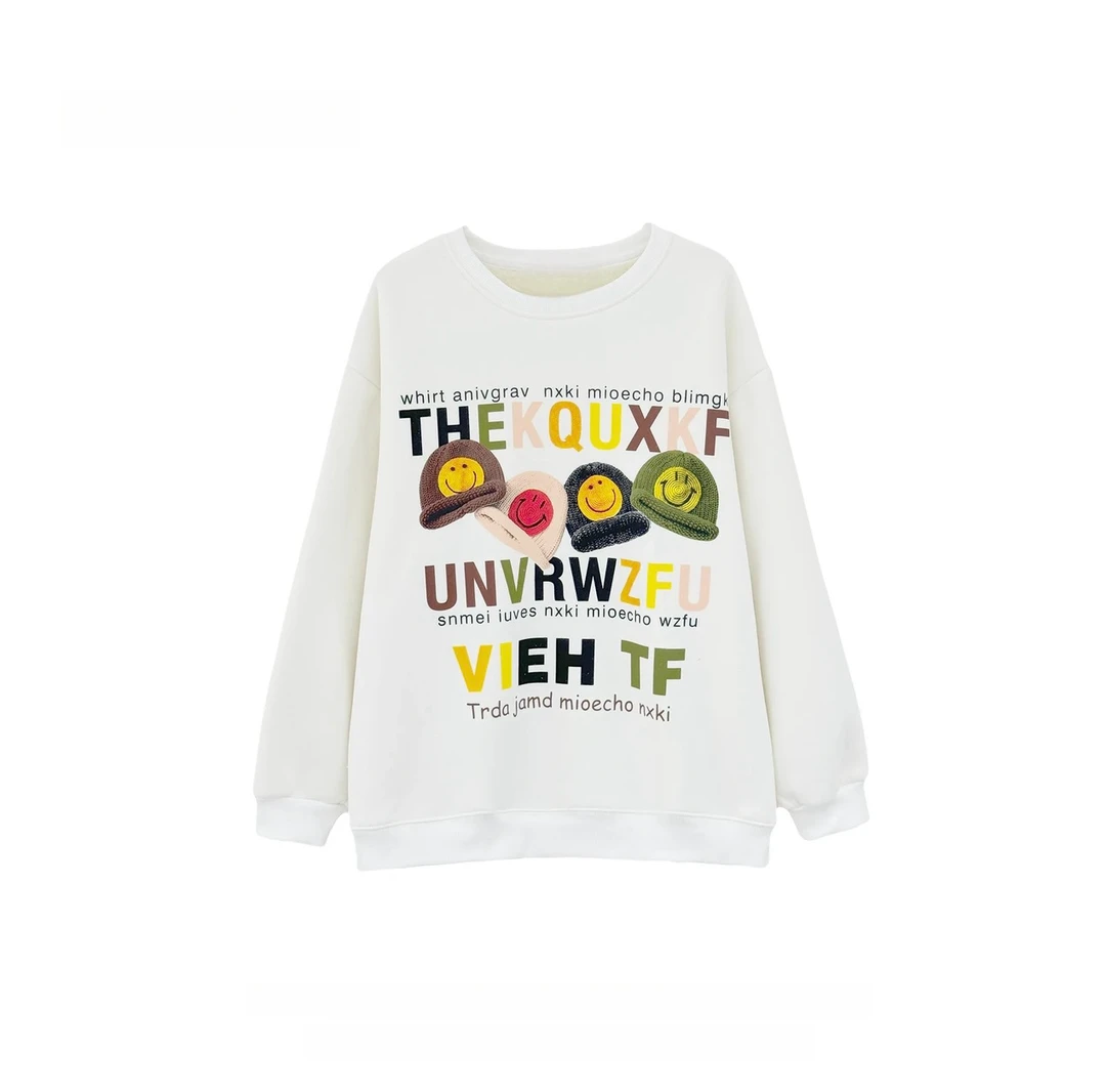 【芳芳惊喜】加绒加厚圆领套头卫衣 时尚印花卫衣百搭休闲上衣长袖