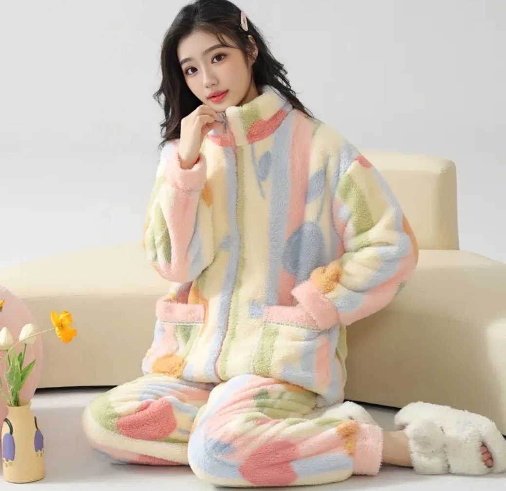 加厚加绒拉链睡衣女 秋冬法兰绒软绵绵珊瑚绒睡衣套装