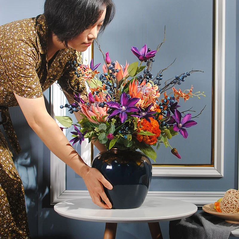 倾城之恋 蓝色碰撞橘红仿真花艺力作仿真花帝王花电视柜花艺