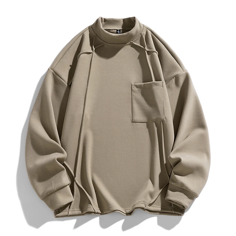 FIPU落肩款秋冬双面绒德绒卫衣男半高领套头立体口袋保暖宽松长袖