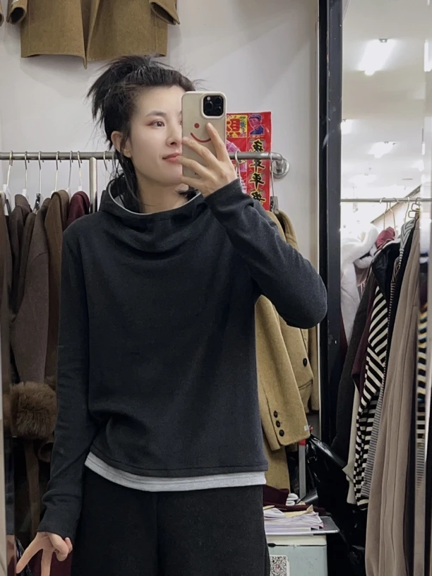 （糯糯）秋冬德绒连帽卫衣女时尚洋气假两件打底T恤帽衫上衣