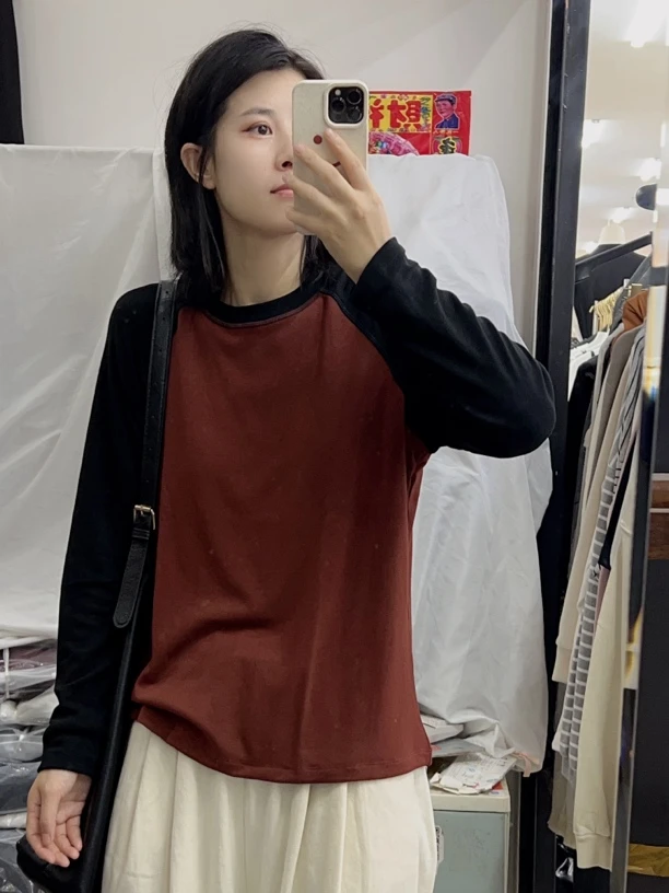 （相知）新款垂感拼色长袖T恤女宽松弹力插肩袖圆领套头气质上衣