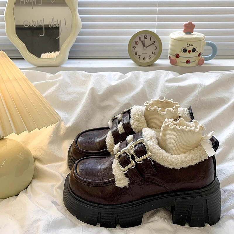 英伦风加绒乐福棉鞋女2025秋冬新款厚底粗跟复古毛毛玛丽珍小皮鞋