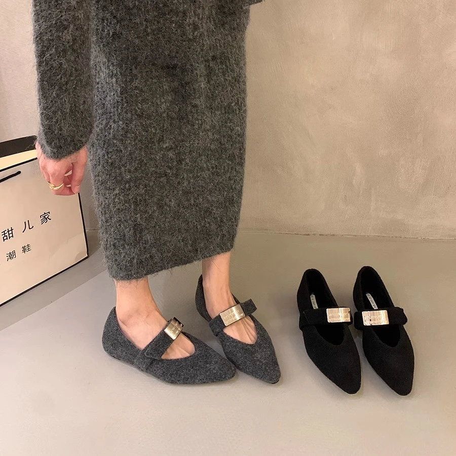 内增高尖头玛丽珍灰色毛毛鞋女2024新款秋冬季加绒棉鞋配裙子单鞋