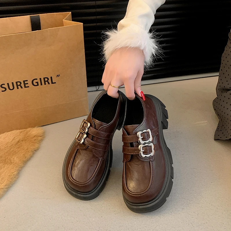 英伦风乐福鞋女2024秋季新款粗跟厚底复古时尚小个子玛丽珍小皮鞋