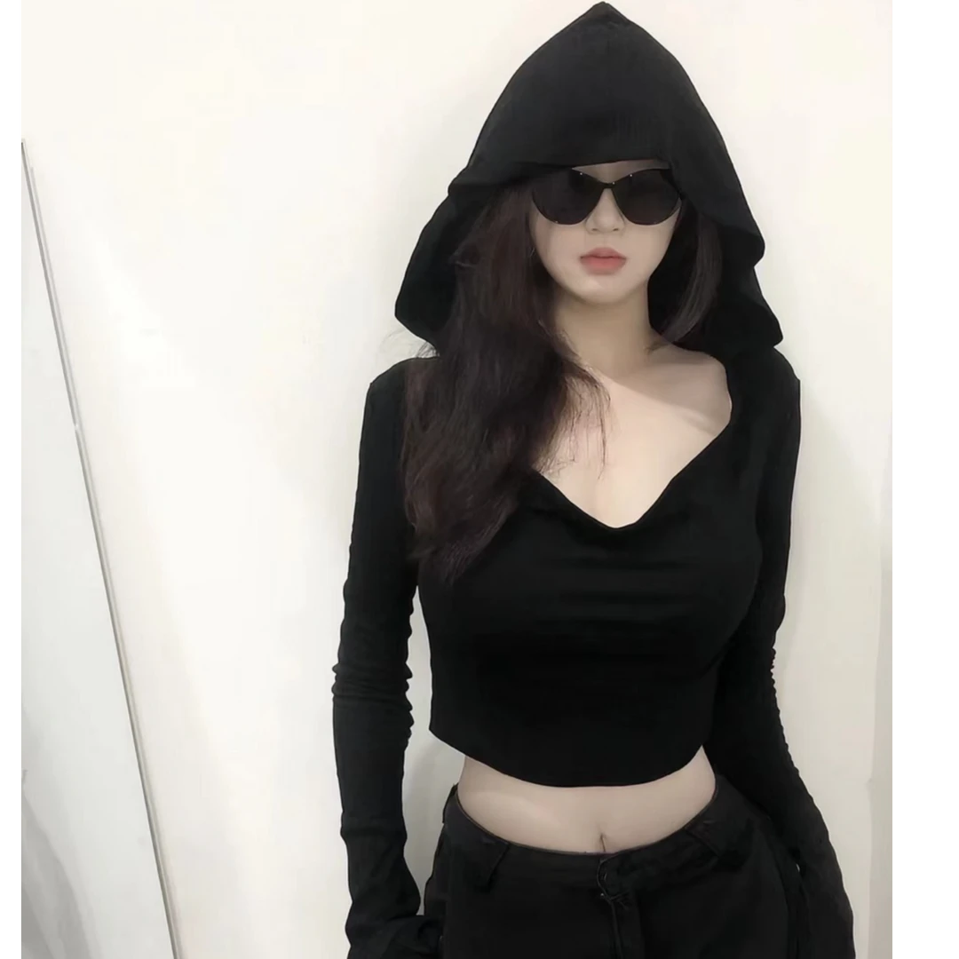 辣妹风性感连帽T恤女2024春季新款设计感小众短款上衣
