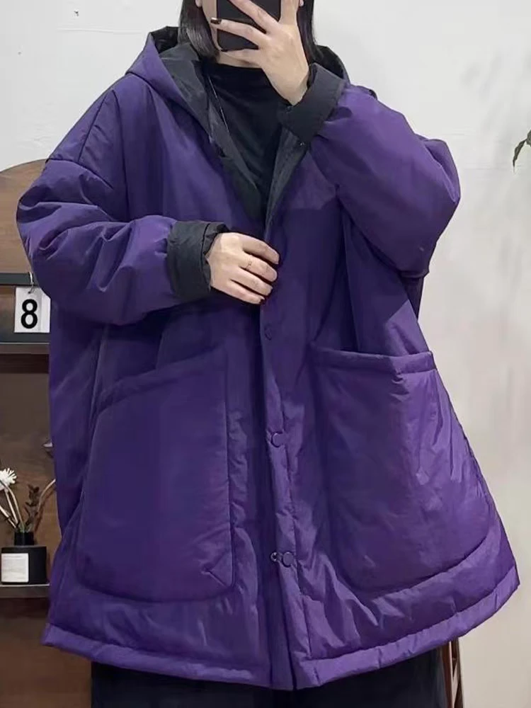 冬季中长款棉服休闲大口袋百搭显瘦保暖两面可穿I宽松棉衣外套女