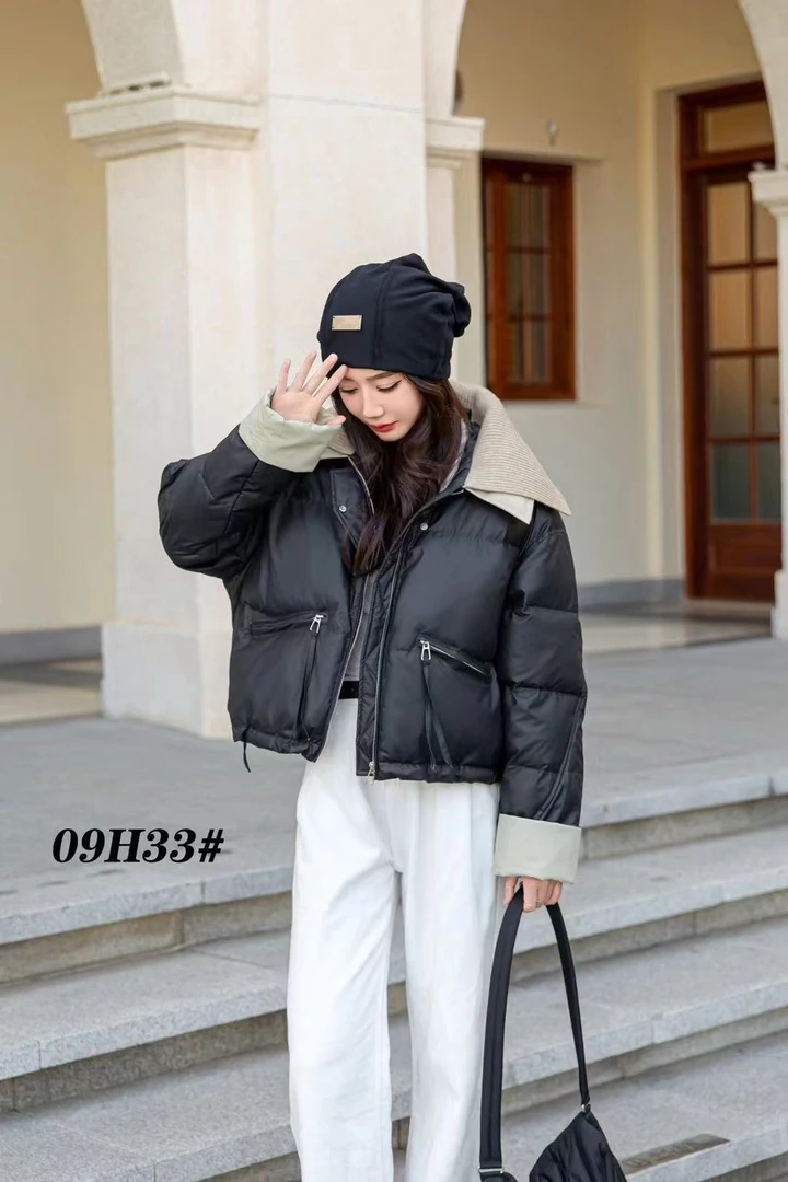 针织翻领拼接棉服女小个子百搭减龄冬季外套