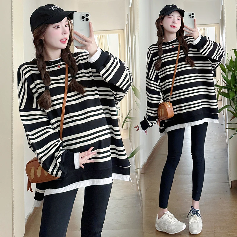 孕妇装秋冬上衣2024新款韩版宽松条纹长袖T恤时尚假两件孕妇卫衣