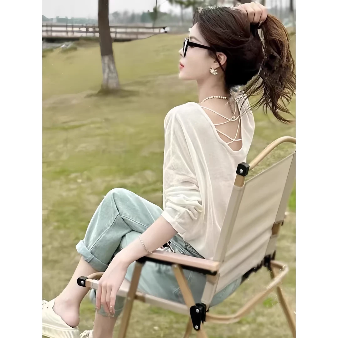设计感露背长袖防晒衫女夏季2024年新款宽松轻薄透气冰丝罩衫外穿