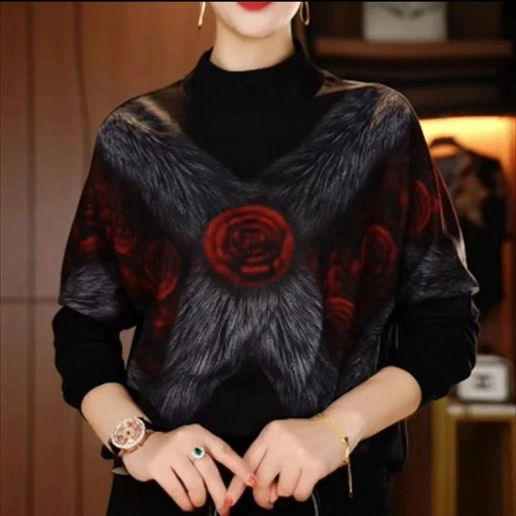 卓曼 新高端印花女显瘦显白百搭减龄气质时尚套头上衣V24L131