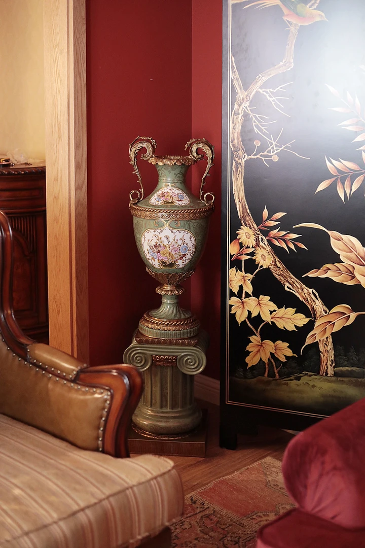 潇允饰家/欧式落地花瓶/铜配瓷/双耳花瓶/高档别墅客厅落地摆件