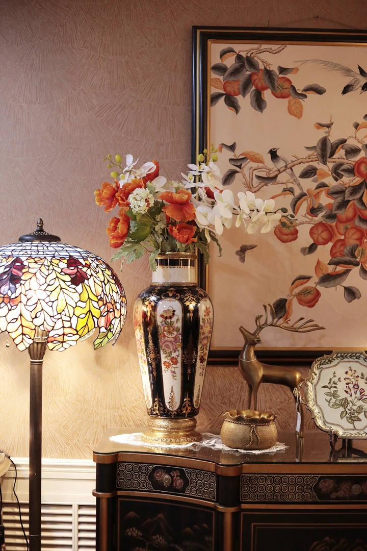 潇允饰家/荣華瓶花器/花瓶/铜配瓷美式桌面摆件